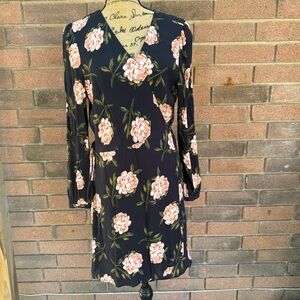 Lavender Brown Navy Floral Long Sleeve Dress Size Large